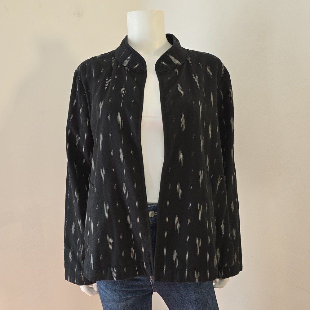 Eileen Fisher Organic Cotton Jacket Size XL Ikat Black Open Front Pockets Artsy